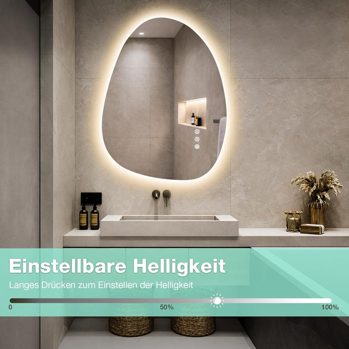 Asymmetrischer Badspiegel mit Beleuchtung 65×50 cm, Antibeschlag, 3 Lichtfarben, Dimmbar, IP44 Wasse