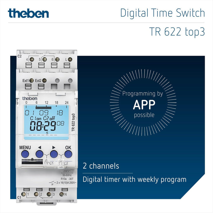 Theben 6220130 TR 622 top3 - Digitale 2-Kanal Zeitschaltuhr mit 2 externen Eingängen und App-Program