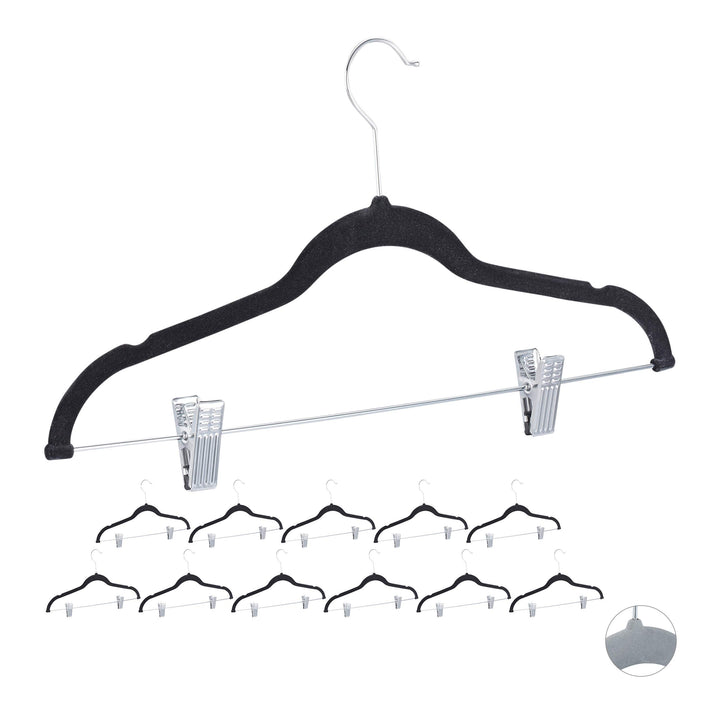 12 x Samtbügel mit Clips, 360° drehbarer Haken, Hosenbügel Set, rutschfeste Hemdenbügel, 43 cm breit