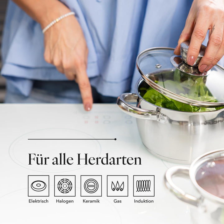 Florina Oliver 20 cm 3,4 L Edelstahltopf mit Glasdeckel | Für Induktion, Gas, Elektro, Ceran | Messs