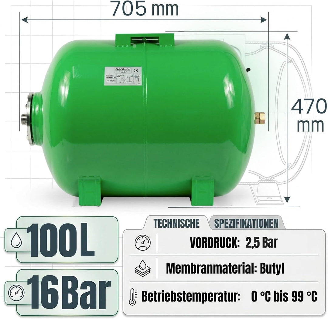 Membrankessel 100 L Druckkessel Stahltank Hauswasserwerk Druckbehälter max. 16 Bar Druck