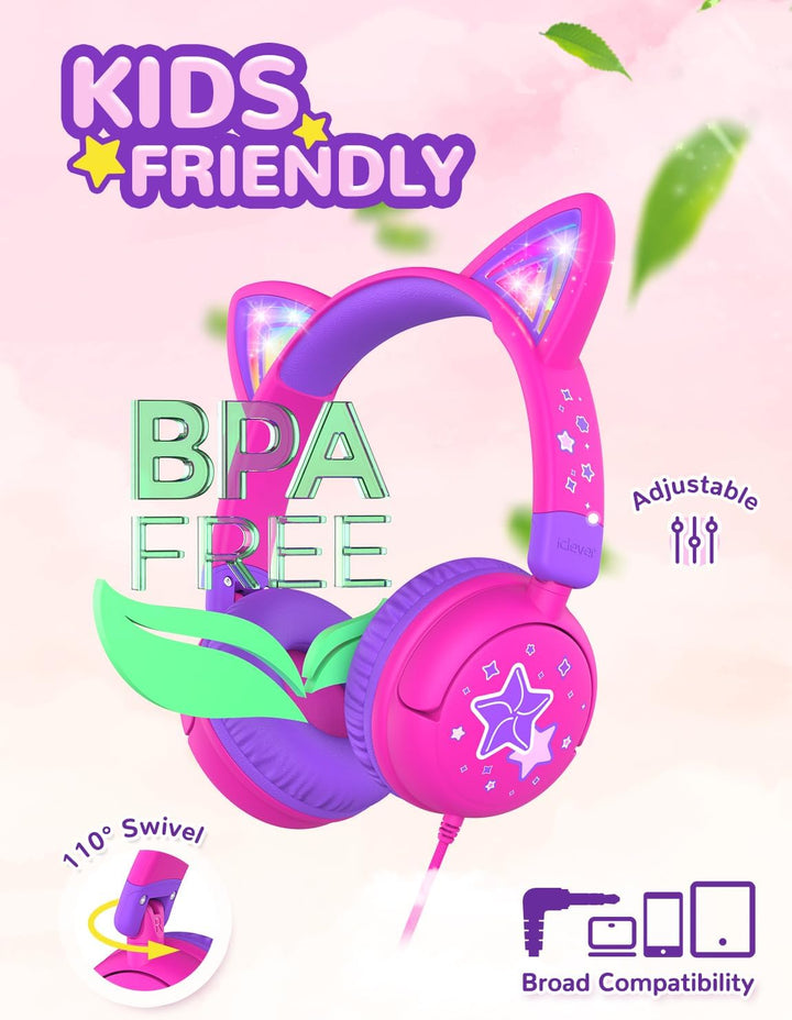 iClever Kinder Kopfhörer, LED Beleuchtetes Katzenohr, 85dBA Sichere Lautstärke, Stereo Sound, Faltba