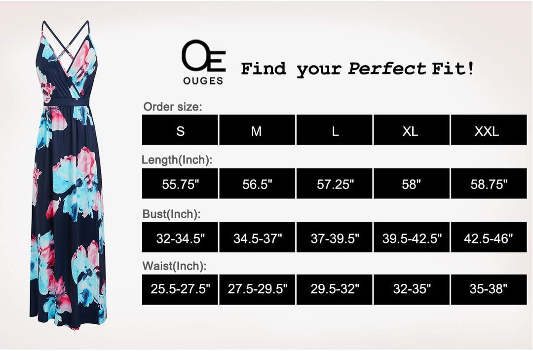 OUGES Damen Sommerkleid V-Ausschnitt Maxikleid Rückenfreies High Waist Spaghetti Strap Freizeitkleid