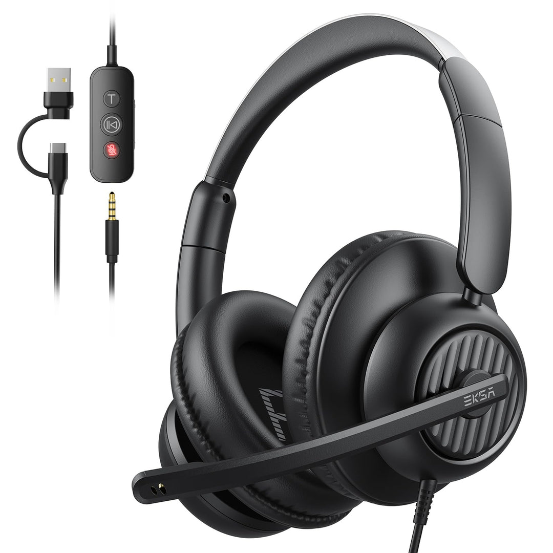 EKSA H8 PC Headset mit Mikrofon, Stereo USB Headset mit Kabel, Headset mit Geräuschunterdrückung, US
