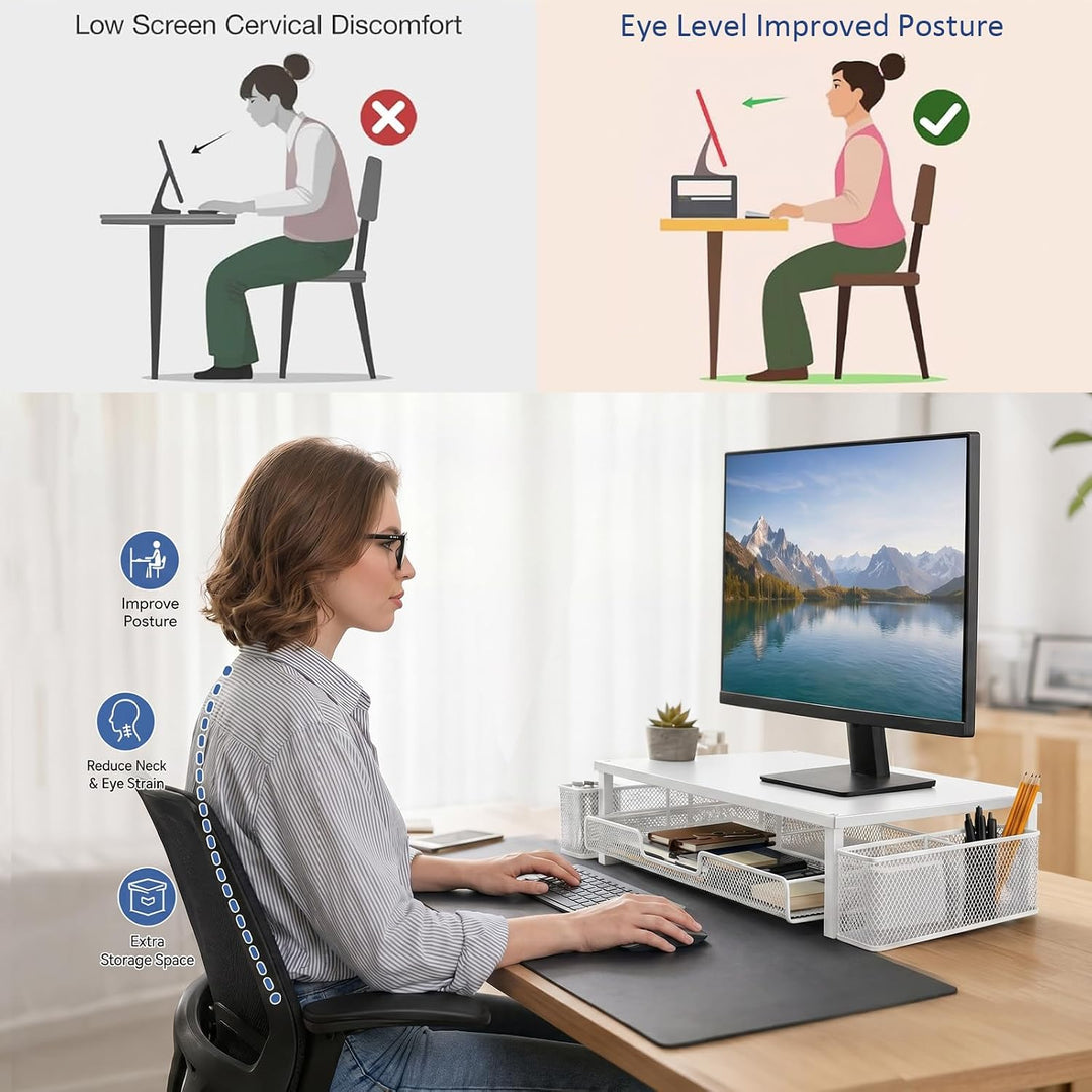Monitorständer mit Schublade, Monitorständer, Monitor Erhöhung für Bildschirm und Laptop, Bürobedarf