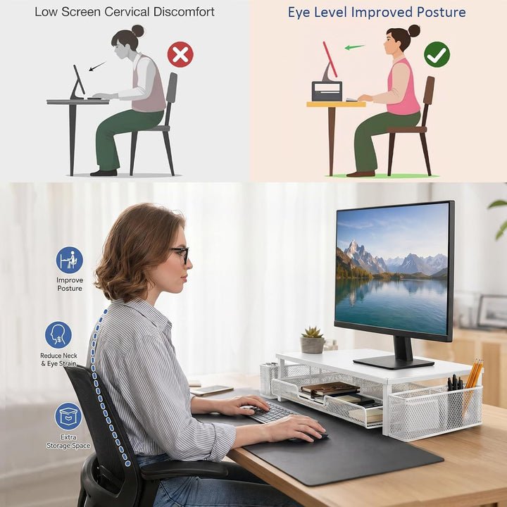 Monitorständer mit Schublade, Monitorständer, Monitor Erhöhung für Bildschirm und Laptop, Bürobedarf