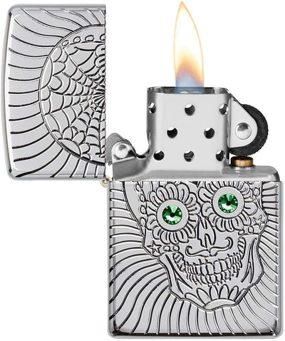 Zippo Armor Sugar Skull Design hochglanzpoliertes Chrom-Emblem angebrachtes Taschenfeuerzeug 49172 C