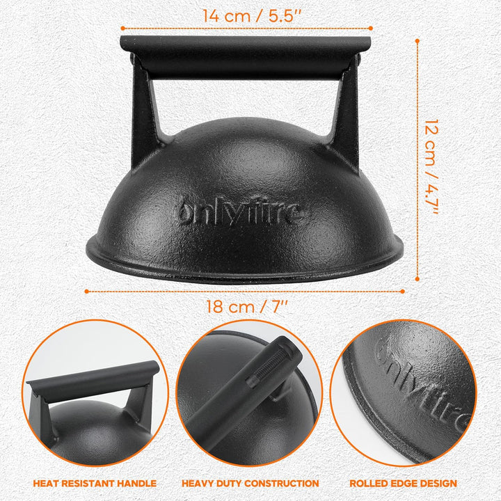 onlyfire Gusseisen Smash Burger Set 3-teilig, Burger Smasher &amp; 2X Schmelzhaube 18cm, Profi Burgerpre