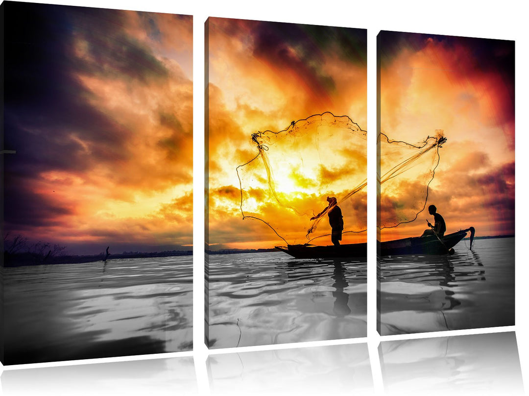 Pixxprint Angler mit grossem Fangnetz als Leinwandbild/Grösse: 3 Teilig (120x80) cm/Wandbild/Kunstdr