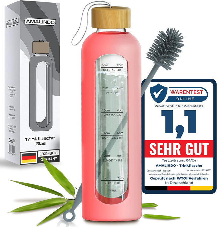 Amalindo Trinkflasche 1l Glas Bruchsicher, Wasserflasche, Glasflasche 1 Liter, Trinkflasche Glas 1l,