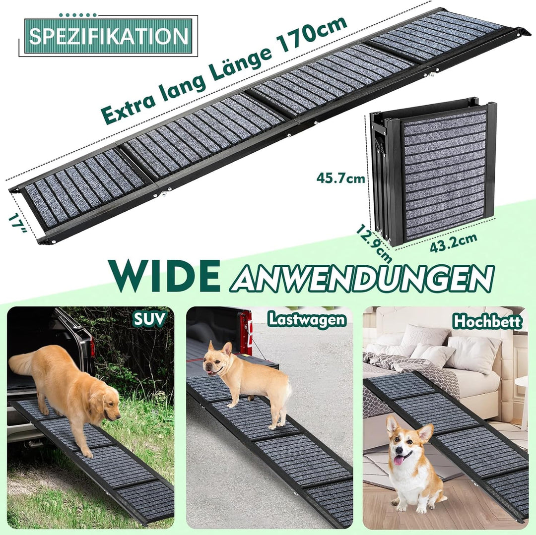 Extra Lang 170cm Hunderampe Auto Klappbar,Hundetreppe Auto mit High Traction Teppichoberfläch,rutsch