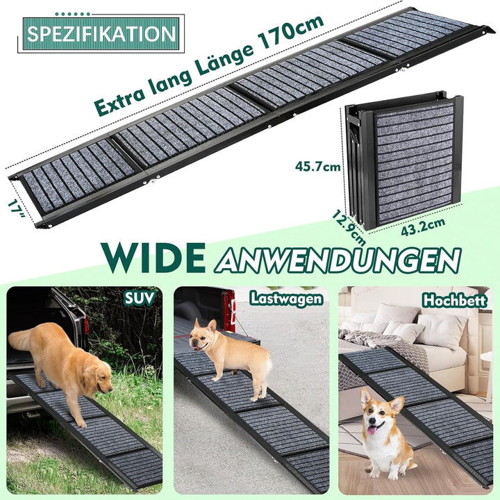 Extra Lang 170cm Hunderampe Auto Klappbar,Hundetreppe Auto mit High Traction Teppichoberfläch,rutsch