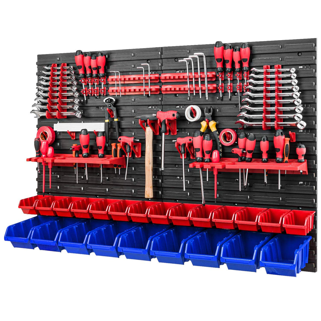 Werkzeugwand Stapelboxen - 1152 x 780 mm - Lagersystem SET Werkzeughaltern und 23 Rot/Blau Boxen - W
