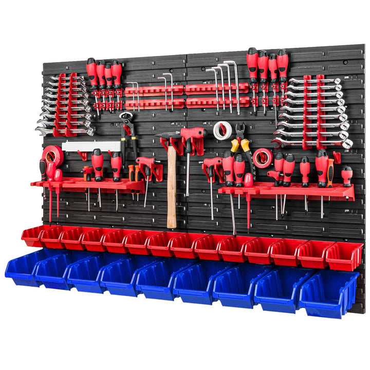 Werkzeugwand Stapelboxen - 1152 x 780 mm - Lagersystem SET Werkzeughaltern und 23 Rot/Blau Boxen - W