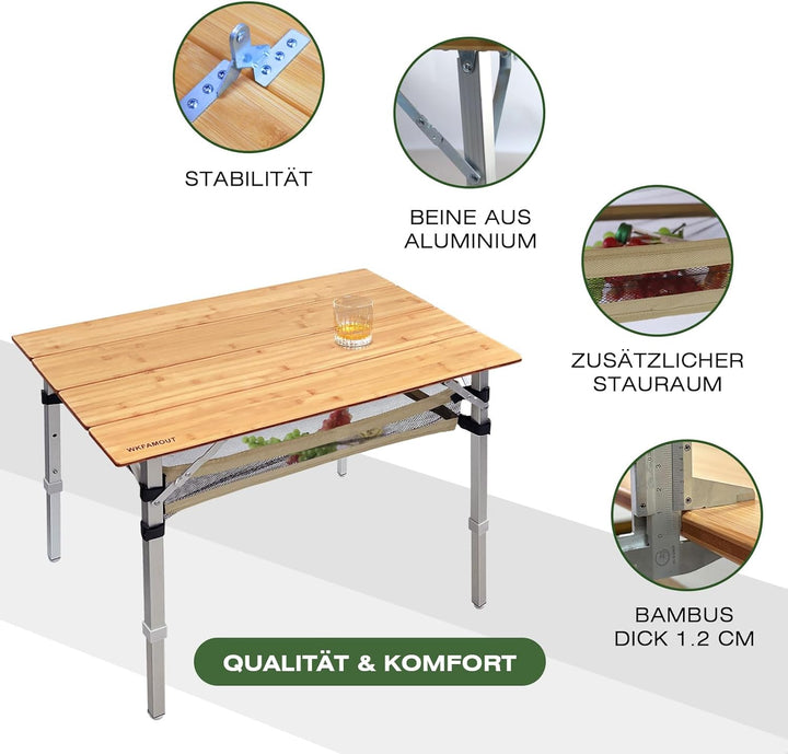 WKFAMOUT Klapptisch Campingtisch Bambus Klappbar Höhenverstellbar 80x55 cm Outdoor Gartentisch 4 Fal