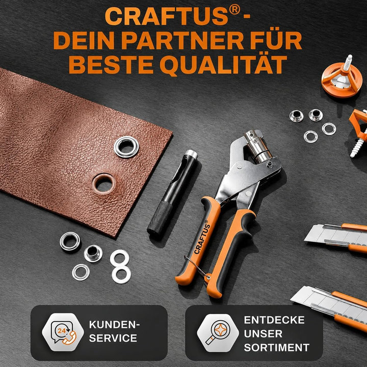 CRAFTUS® Profi Ösenzange Set mit 200 rostfreien Ösen (Ø 10mm) I Magnetische Ösenpresse aus gehärtete