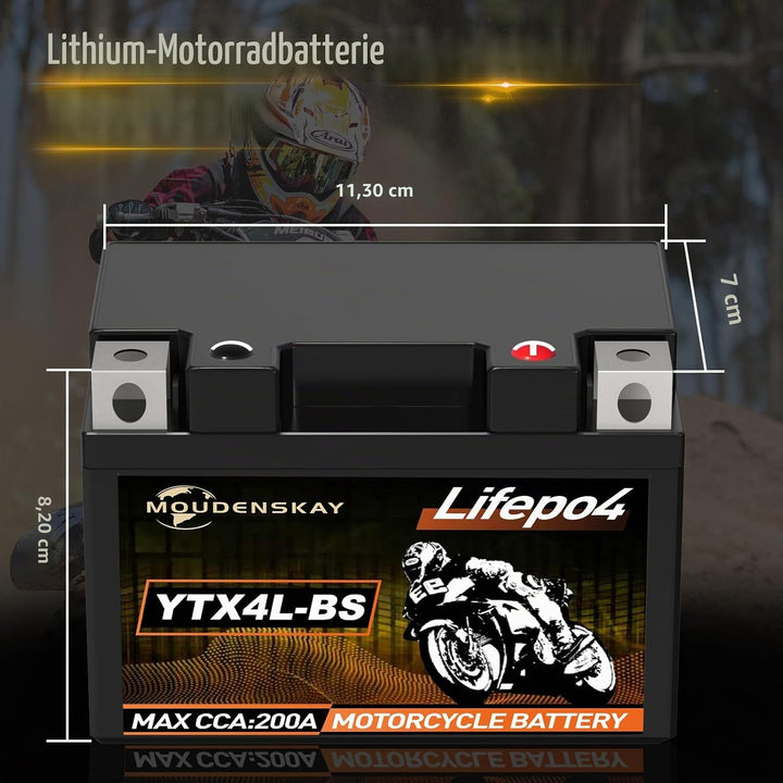 MOUDENSKAY Lithium Motorrad Batterie 12V Lithium Powersports Batterie mit BMS (YTX4L-BS 12.8V 2Ah 20
