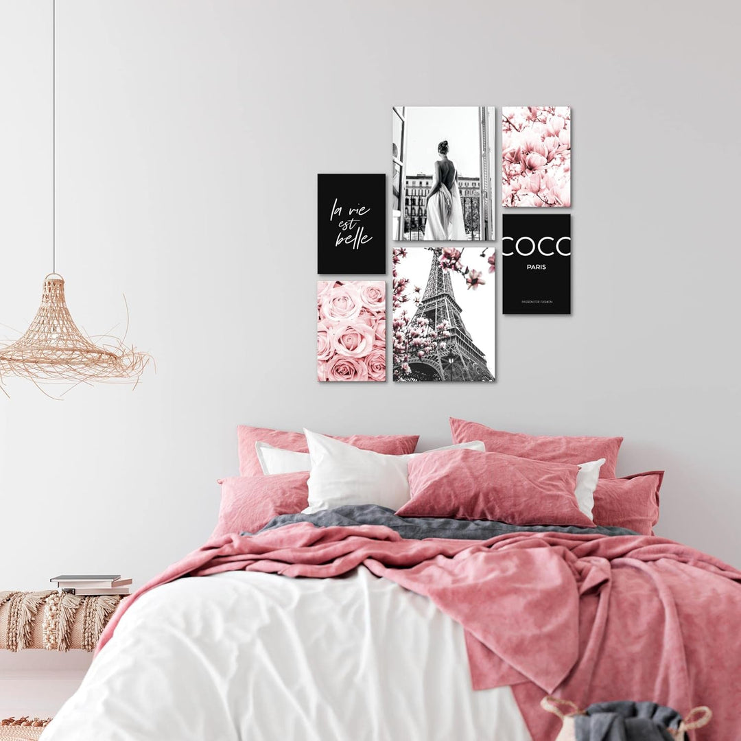 Novart Wandbilder Set Fashion Paris Coco Rosa - KEIN EXTRA RAHMEN BENÖTIGT - Modern Deko - Wohnzimme