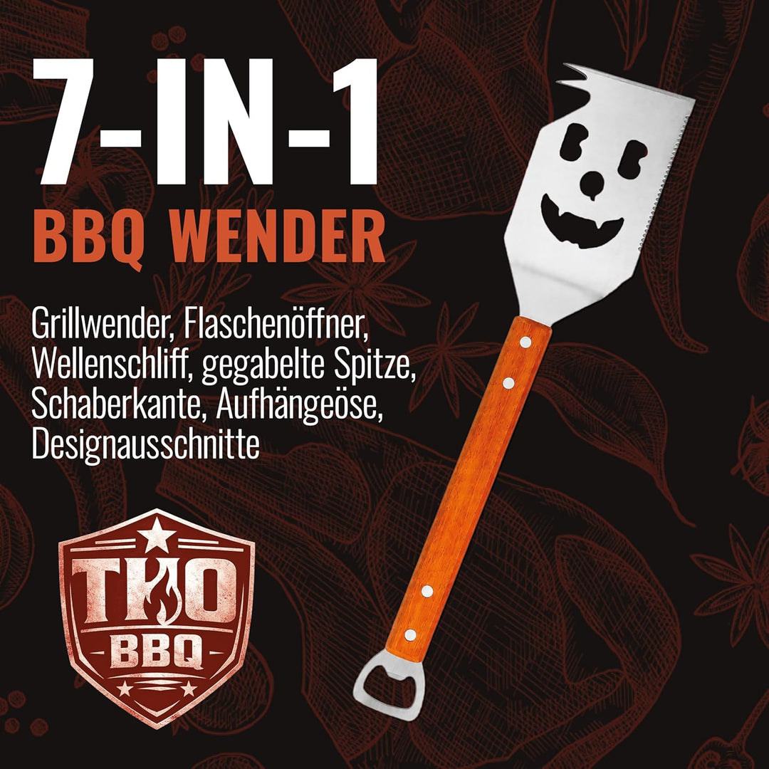 THO BBQ 7-in-1 Grillspachtel Edelstahl mit Holzgriff – Grillwender mit Flaschenöffner, Schaberkante