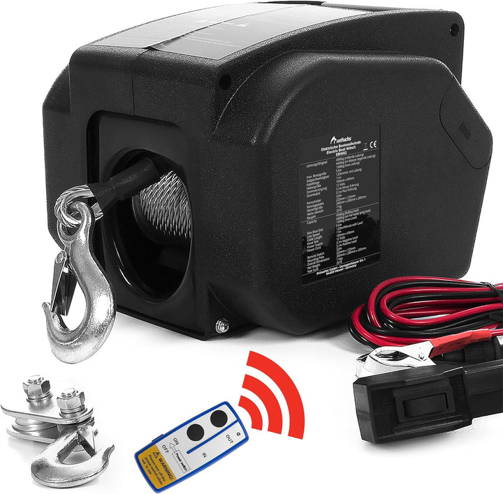 ROTFUCHS Elektrische Seilwinde 12v für Bootstrailer mit Funkfernbedienung – 4990 Kg Zugkraft, Bootsw