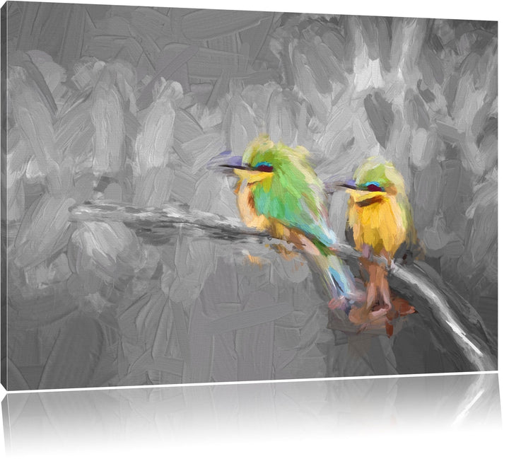 exotische Vögel auf Ast schwarz/weiss Deluxe Format: 100x70 cm auf Leinwand, XXL riesige Bilder fert