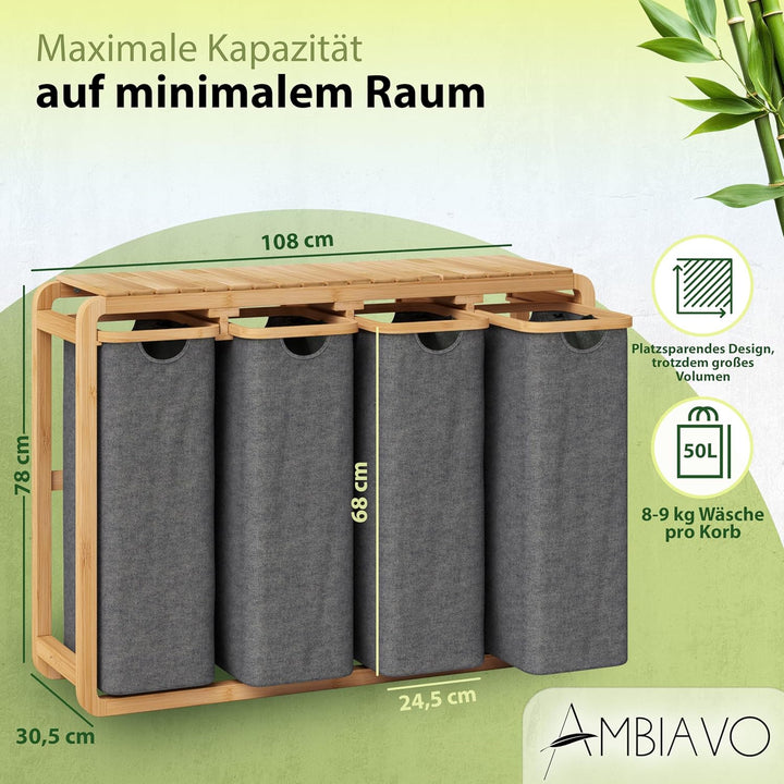 Wäschekorb 4 Fächer grau 200 L – Platzsparendes Design – 50L pro Fach - Stabile Bambuskonstruktion –