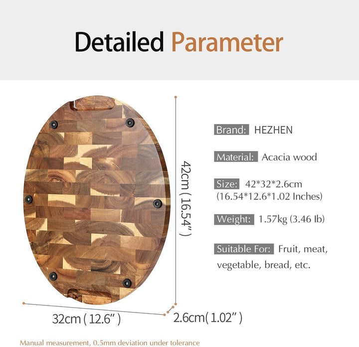 HEZHEN Akazienholz Hackbretter, Hirnholzmaserung Schneidebrett Eingebaute Saftrinne,Ovale Servierbre