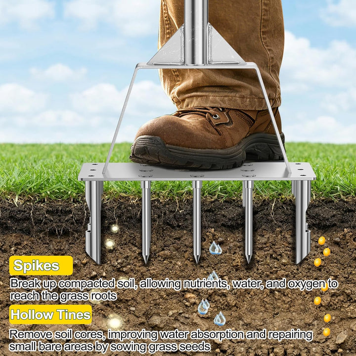 2-in-1 Rasenlüfter, Aerifizierer für Rasen mit 9 Spikes & 6 Kerne, Manueller Rasenbelüfter für Rasen