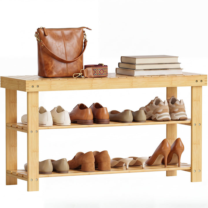 SMIBUY Schuhbank, Schuhregal aus Bambus, Schuhschrank mit Sitzbank, Schuhständer mit 3 Ablagen, Stab