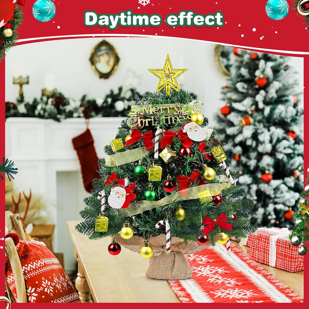 Mini Weihnachtsbaum mit Beleuchtung LED 60cm, Kleiner Tisch Weihnachtsbaum mit Kiefernzapfen Geschmü