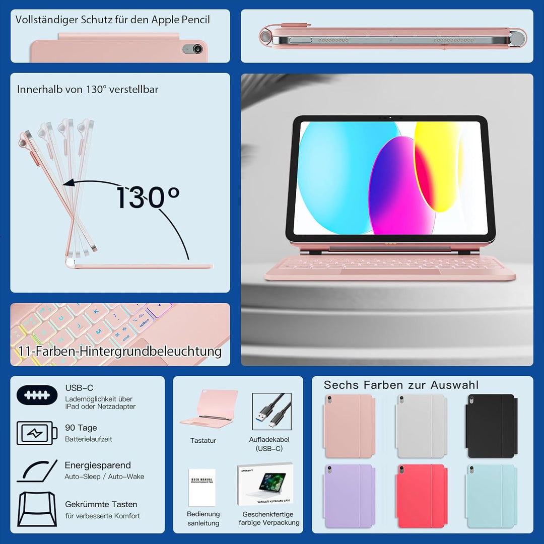 Magic Tastatur für iPad A16 11. Gen 2025/10. Gen 10.9" 2022, Magnetische Freischwebende Design, Mult