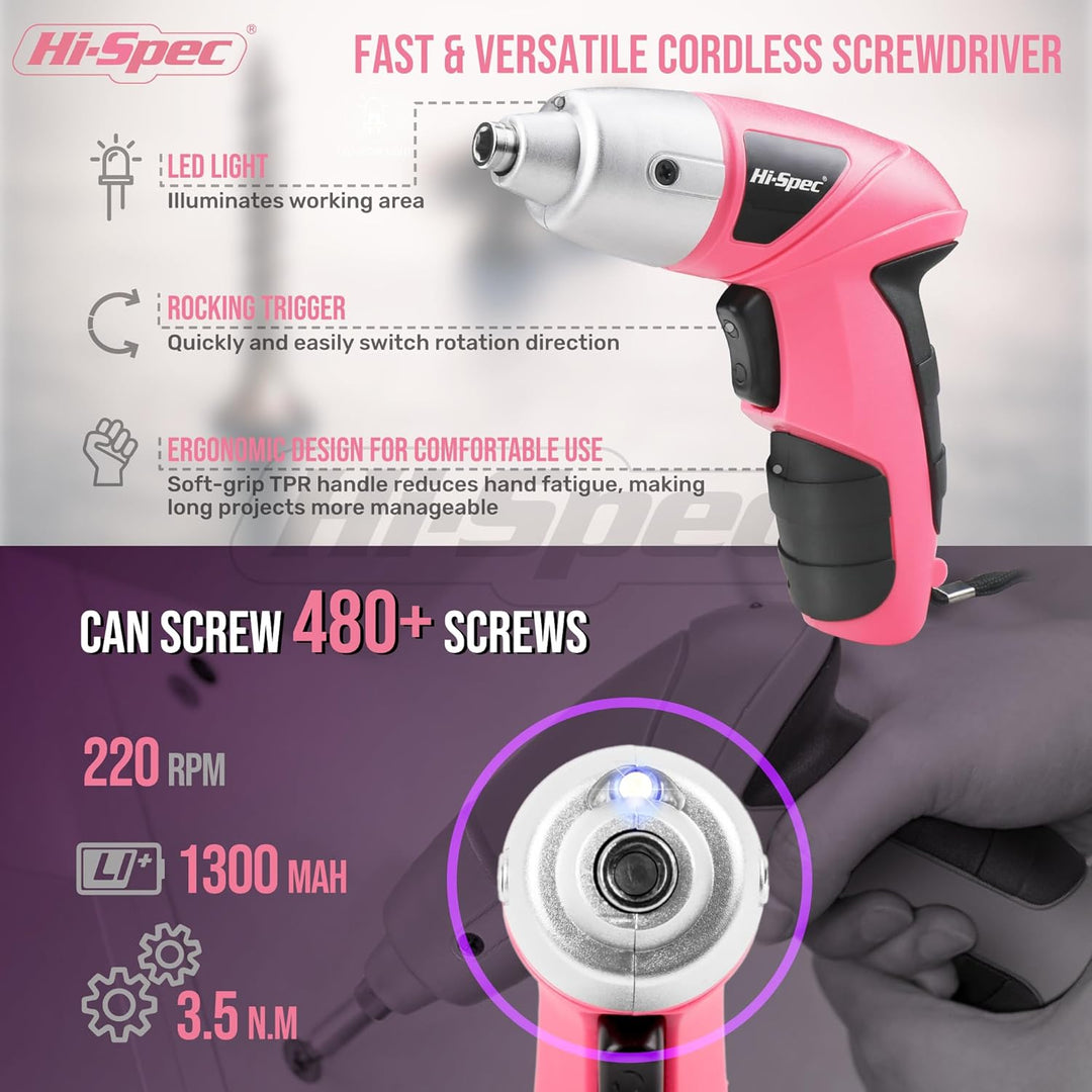 Hi-Spec kleiner Werkzeugkoffer gefüllt für Frauen mit Hammer, Zange, Bit Set und Pinken Akkuschraube
