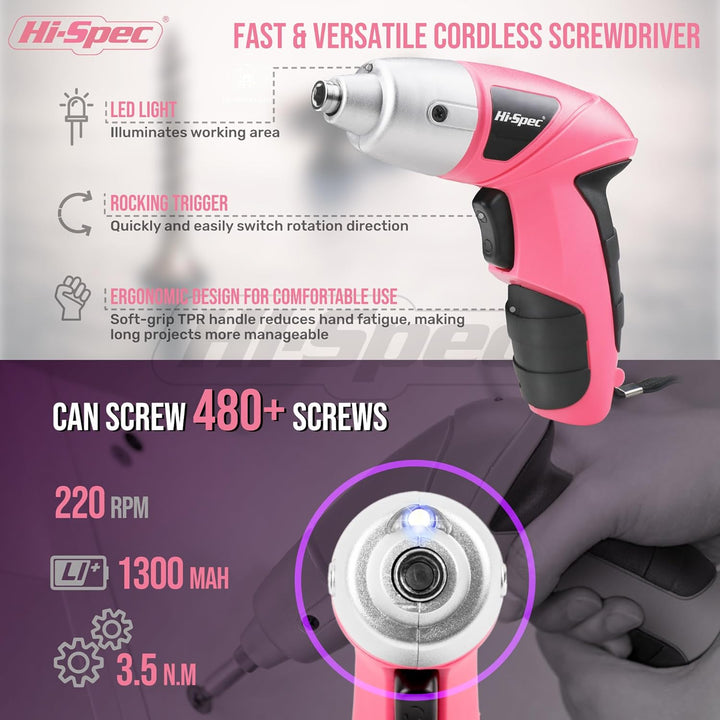 Hi-Spec kleiner Werkzeugkoffer gefüllt für Frauen mit Hammer, Zange, Bit Set und Pinken Akkuschraube