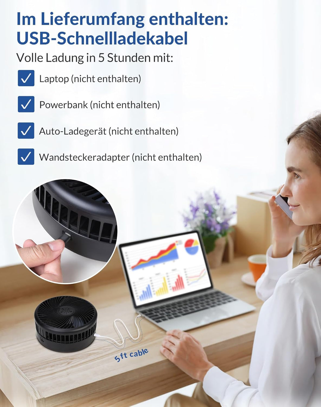Primevolve Batteriebetriebener Ventilator, Tragbarer wiederaufladbarer USB-Stand-, Tisch- und Schrei