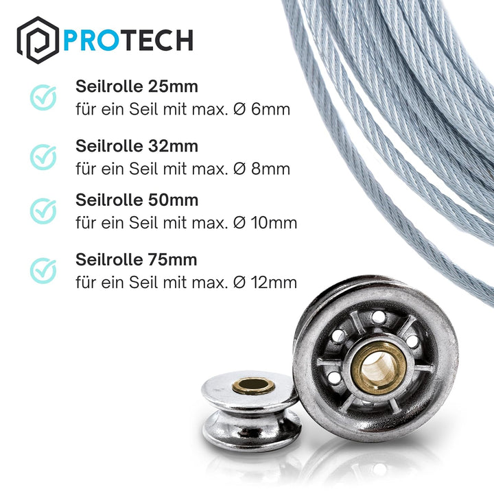 PROTECH 2 Stück Seilrollen 75mm Drahtseil Rolle Stahlseil Blockseilrolle aus Edelstahl Umlenkrolle 7