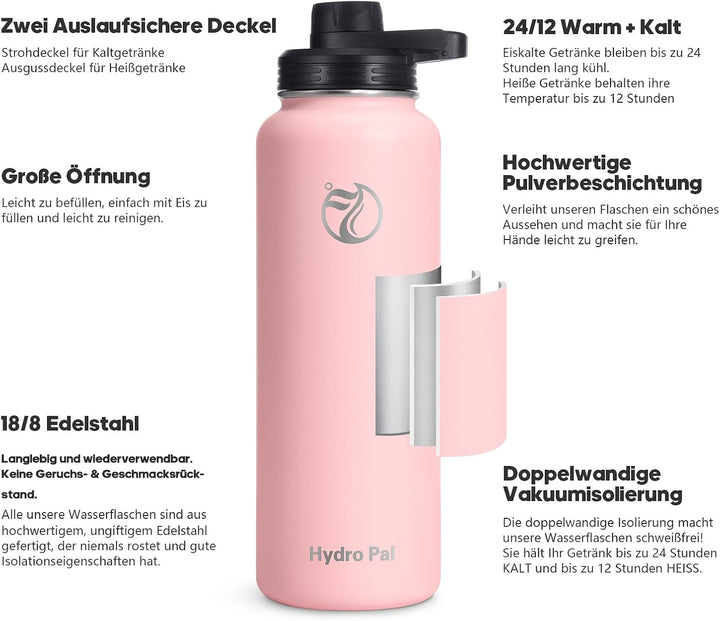 HydroPal Edelstahl Trinkflasche - 750ml, 1L, 1,2L, BPA-Frei, Kohlensäure geeignet, Isolierte flasche