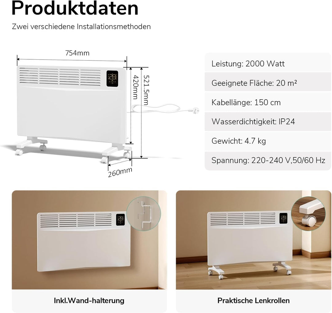EMKE Smart Elektroheizung Energiesparend 2000W, Konvektor-Heizung Elektrisch mit WLAN & App-Steuerun