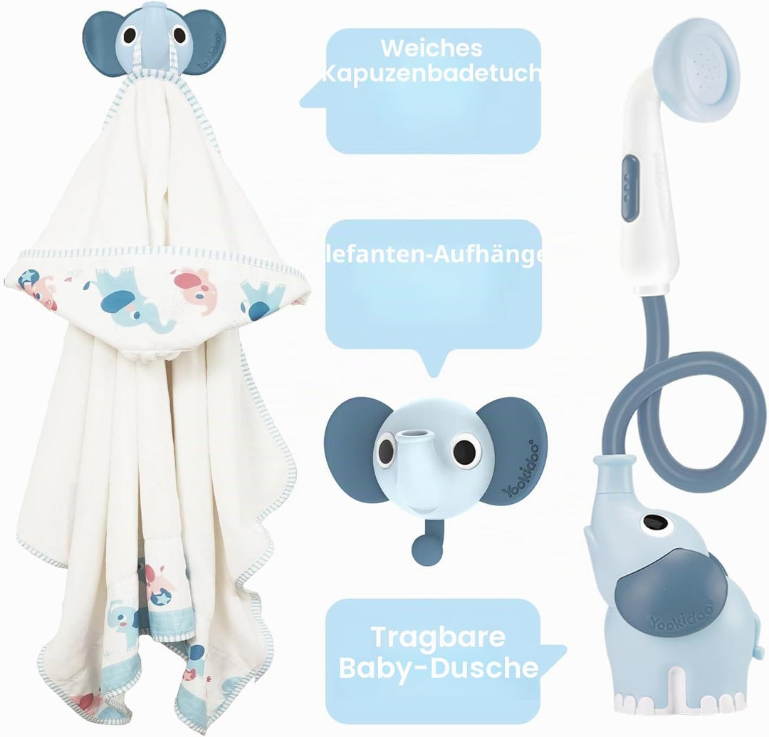 Yookidoo Duschkopf für Baby-Badewanne, Elefanten-Wasserpumpe mit Stammauslauf und Spüler, kontrollie