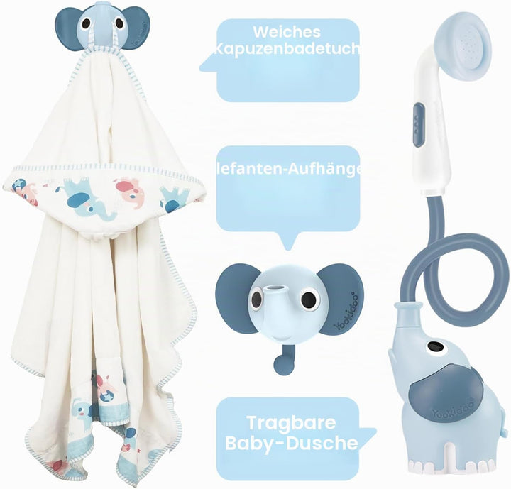Yookidoo Duschkopf für Baby-Badewanne, Elefanten-Wasserpumpe mit Stammauslauf und Spüler, kontrollie
