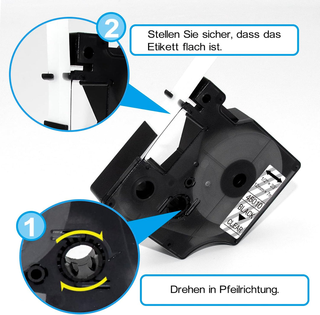 4x 45010 Etikettenband 12mm Kompatibel mit Dymo D1 Plastic Clear Schriftbänder, Schwarz auf Transpar