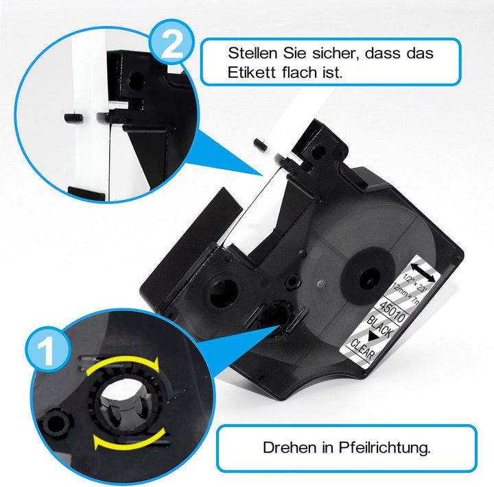 4x 45010 Etikettenband 12mm Kompatibel mit Dymo D1 Plastic Clear Schriftbänder, Schwarz auf Transpar