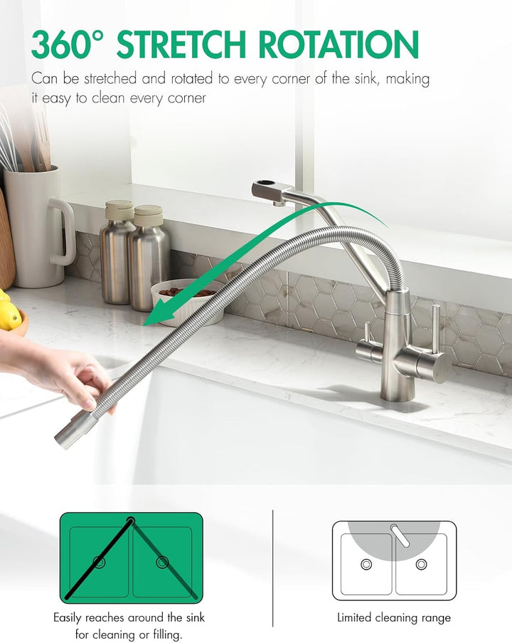 3 Wege Wasserhahn Küche,Küchenarmatur-360° Drehbar,mit 3 in 1 Wasserhahn für Wasserfilter,Spiralfede