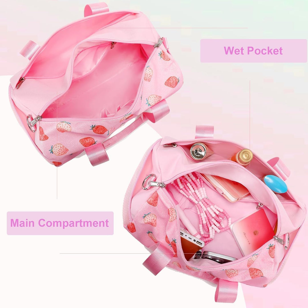 Sporttasche Kinder Mädchen Tanztasche Ballett Tasche Erdbeere Glitzer Schwimmtasche Mädchen mit Nass