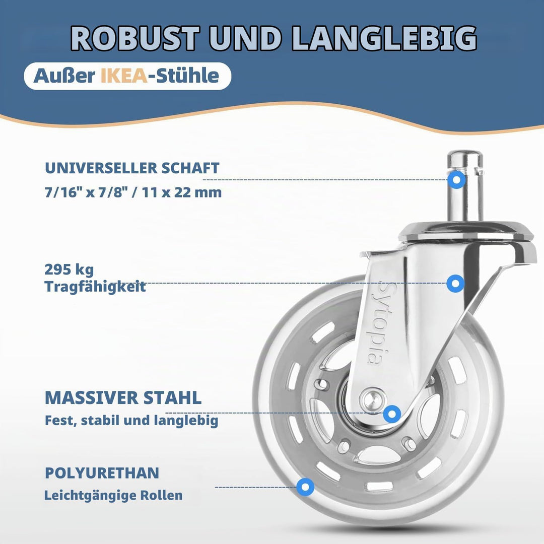 Sytopia Gummirollen Bürostuhl 11mm x 22 mm, 5er Set Rollen für Bürostühle, Parkett Rollen Bürostuhl