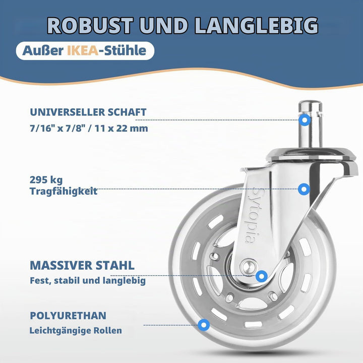 Sytopia Gummirollen Bürostuhl 11mm x 22 mm, 5er Set Rollen für Bürostühle, Parkett Rollen Bürostuhl