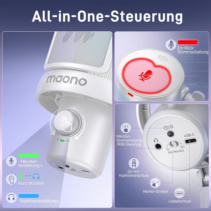 MAONO Mikrofon Kabellos für PC, Gaming Mikrofon mit Software-AI-Stimmänderung, Geräuschunterdrückung