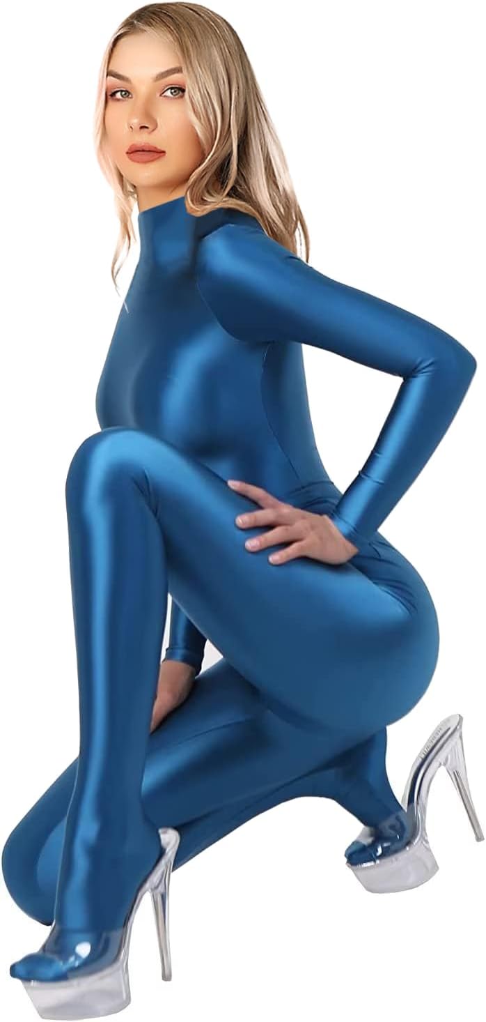200D blickdichter Einteiler Badeanzug High Stretch Glänzender Body Reissverschluss Rücken, Dunkelbla