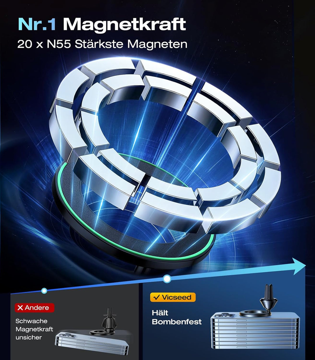 VICSEED Vollmetall Handyhalterung Auto Magnet für Mgasafe Autohalterung [20xN55 Stärkste Magneten] L