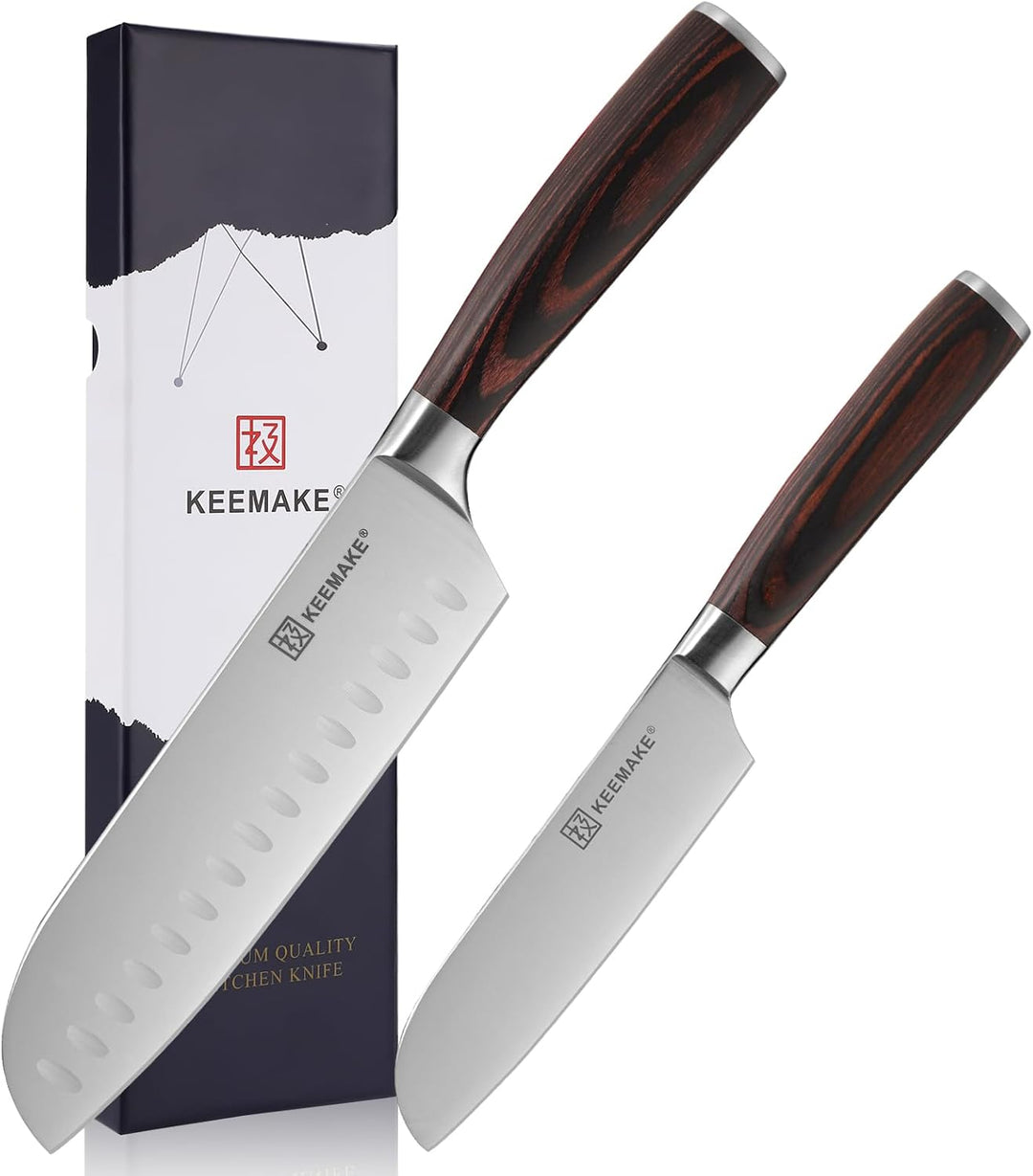KEEMAKE Messerset, Santoku Messer 2 tlg, Küchenmesser Set aus deutschem Edelstahl mit Pakkawood Grif