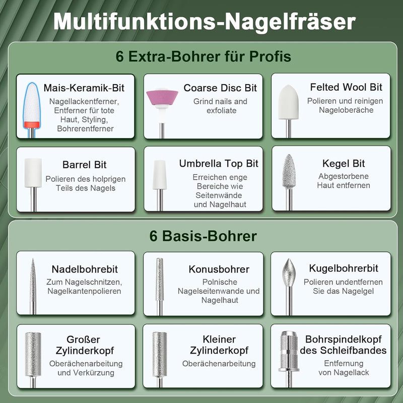Auriox Kabellos Tragbar Nagelfräser, 12 in 1 Profi Maniküre und Pediküre Set 25000 u/min, Akku Elekt